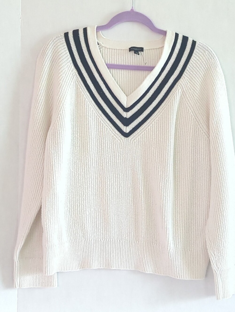 Talbots White w Black Accent Stripes Ribbed V-neck Pull Over Sweater Size XL